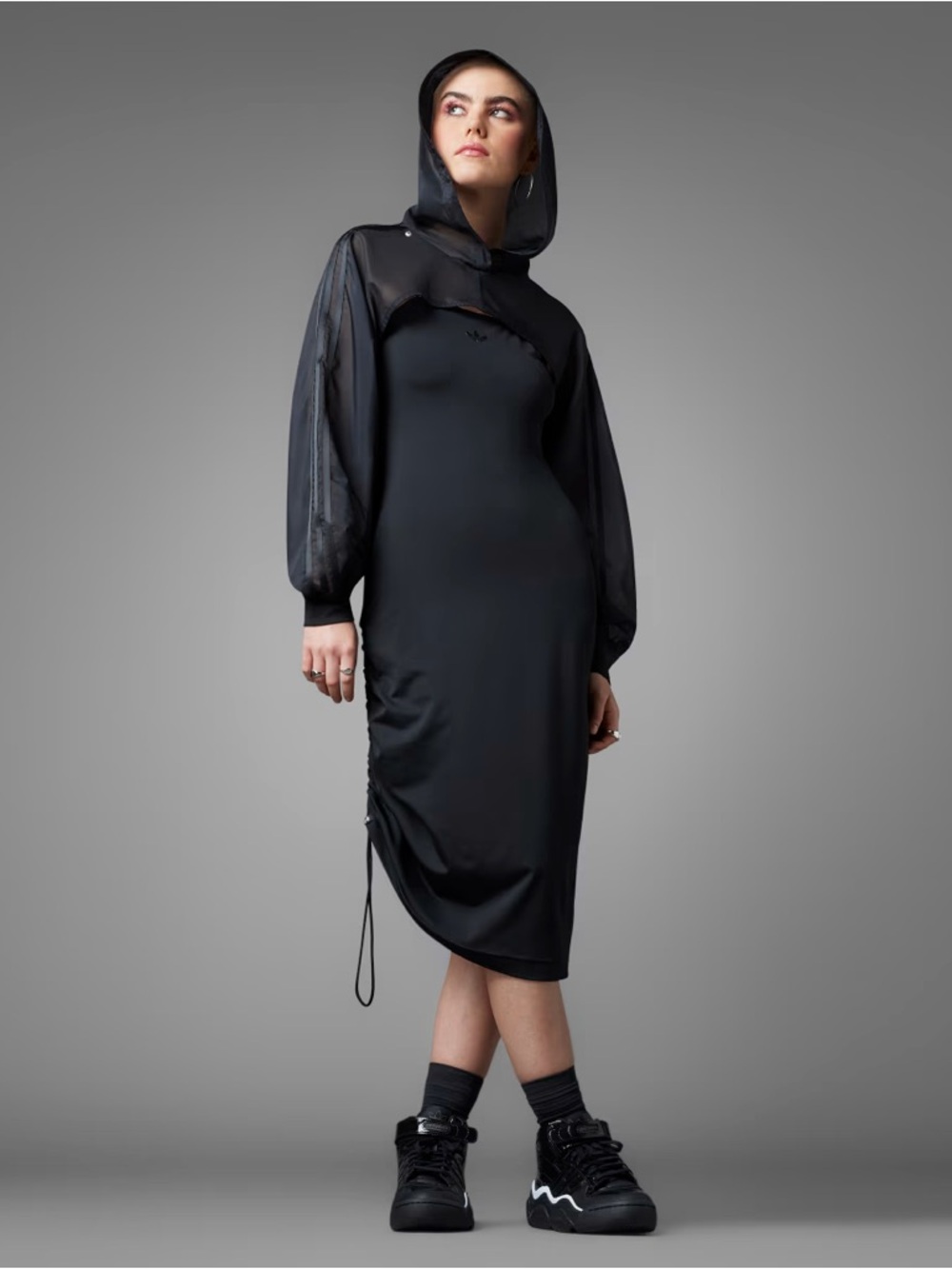 adidas Black Hooded Midi Dress with Sheer Bishop Sleeves